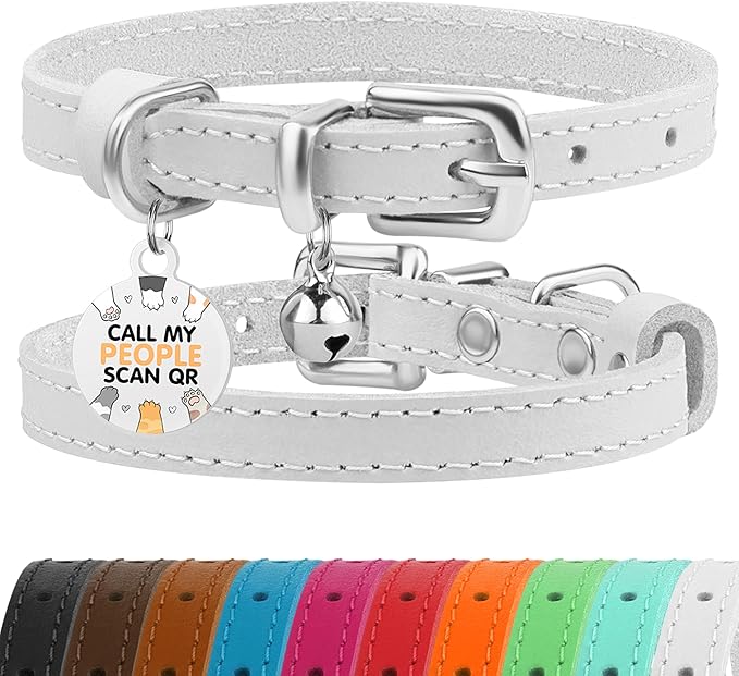 BRONZEDOG Leather Cat Collar with Removable Bells Non Breakaway Kitten QR Tag for Girl Boy (7" - 9" for Cats, White &amp; Silver)