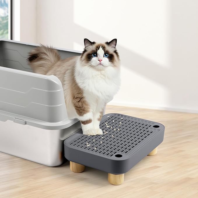 Cat Litter Box Step Ramp, Cat Litter Catcher Mat with Wooden Feet, Filter Function, Cat Pedal Stool for Self-Cleaning Cat Litter Box, Ideal for Kitten &amp; Elderly Cats (Dark Grey)