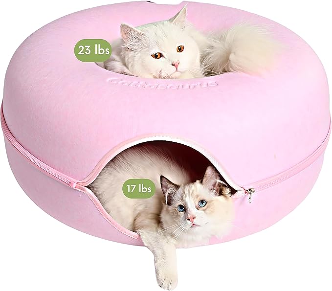 Cattasaurus Peekaboo Cat Cave for Multiple &amp; Large Cats Up to 30-45 Lbs, Scratch Detachable &amp; Washable Tunnel Bed, Comfy Donut Cat Cave (Pink, Large)