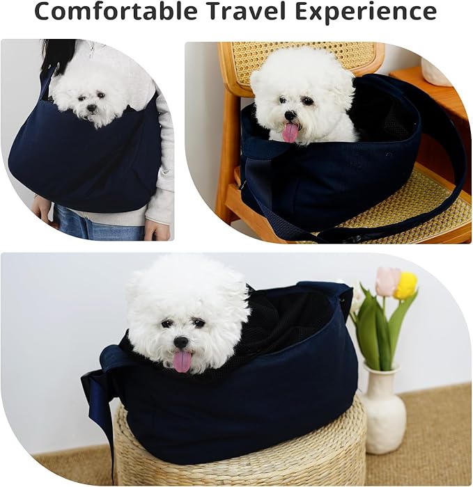 Dog Sling Carrier for Small Dogs and Cats, Lightweight Collapsible Pet Travel Bag with Adjustable Strap, Side Pockets &amp; Breathable Mesh (Navy Blue, 15.7" L x 5.9" W x 8.6" H)