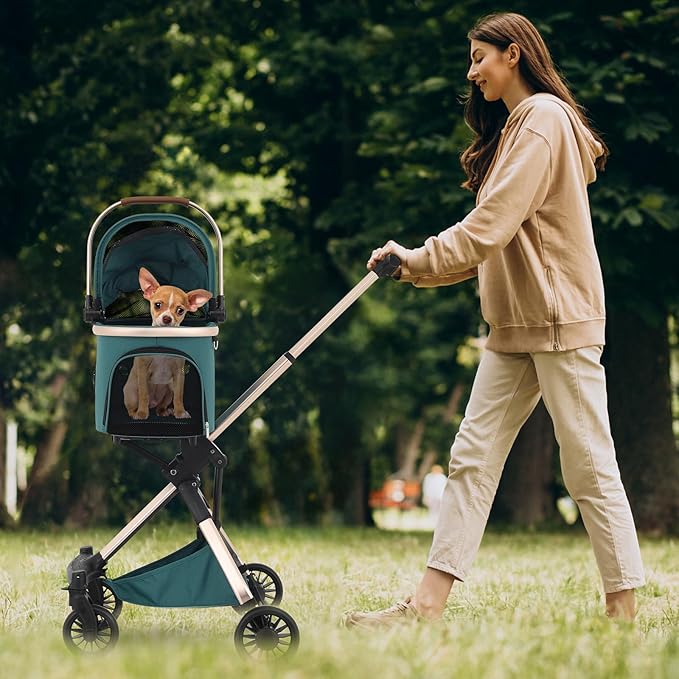 MoNiBloom 3 in 1 Pet Stroller with Adjustable Handle, Jogging Stroller w/Detachable Carrier &amp; Lightweight Aluminum Frame for Dogs Cats, Hunter Green