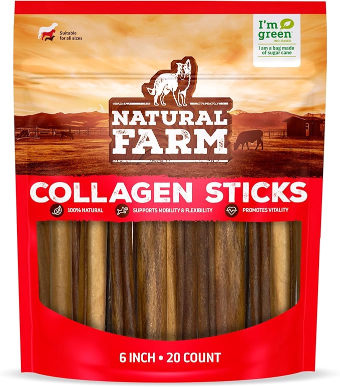 Natural Farm Collagen Sticks (6 Inch, 20 Pack). Odor-Free, 95% Natural Collagen Dog Chews, Supports Healthy Joints, Skin &amp; Coat - Best Rawhide Alternative for Small &amp; Medium Dogs