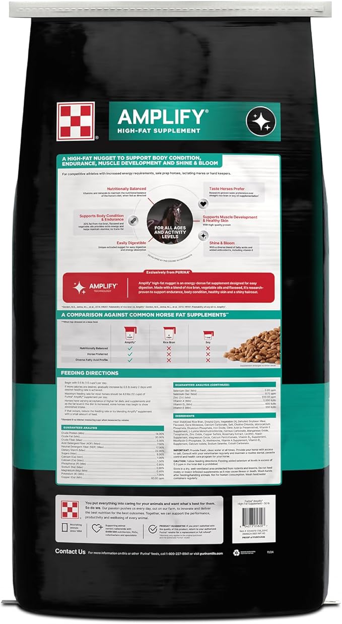 Purina, Amplify Equine, High-Fat Horse Supplement for Maintenance, Breeding, &amp; Performance Horses, 50 lbs