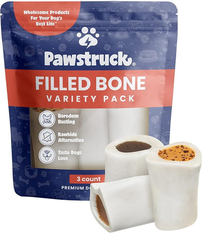 Pawstruck Small 3” Filled Dog Bones Variety Pack - Peanut Butter, Cheese &amp; Bacon, Beef Flavors - Made in USA Long Lasting Stuffed Femur Treat for Aggressive Chewers - Pack of 3 - Packaging May Vary