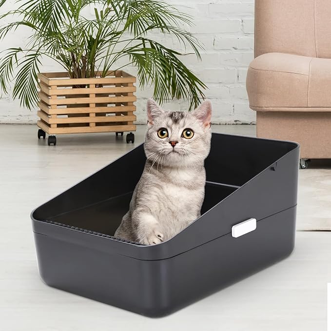 Sfozstra Open Top Litter Box: Black Medium Size with High Sides &amp; Anti Leak Design, Easy Clean Litter Pan for Home Cats