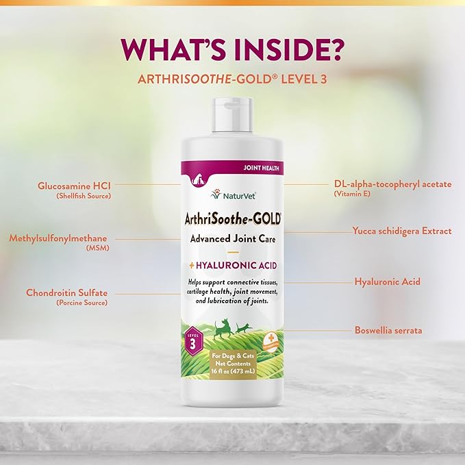 NaturVet – ArthriSoothe-Gold Advanced Care Liquid | Level 3 Advanced Joint Care | Supports Healthy Hip &amp; Joint Function | Enhanced with Glucosamine, MSM &amp; Chondroitin | For Dogs &amp; Cats | 16 oz Liquid