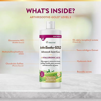 NaturVet – ArthriSoothe-Gold Advanced Care Liquid | Level 3 Advanced Joint Care | Supports Healthy Hip &amp; Joint Function | Enhanced with Glucosamine, MSM &amp; Chondroitin | For Dogs &amp; Cats | 16 oz Liquid