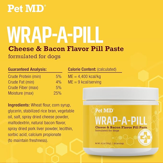 Pet MD Wrap A Pill Cheese &amp; Bacon Flavor Pill Paste for Dogs - Make a Pocket or Pouch to Hide Pills &amp; Medication 4.2 oz