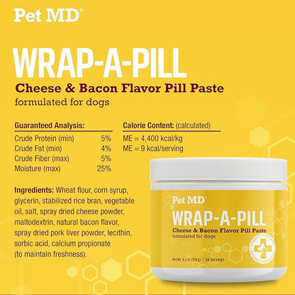 Pet MD Wrap A Pill Cheese &amp; Bacon Flavor Pill Paste for Dogs - Make a Pocket or Pouch to Hide Pills &amp; Medication 4.2 oz