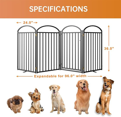 4 Panles Full Matel Freestanding Dog Gates with Door, 96"Extra Wide 36"Tall Free Standing Dog Pet Gate for Indoor &amp; Outdoor. Foldable Pet Fences for Doorways, House, Stairs, Porch, Deck, Yard