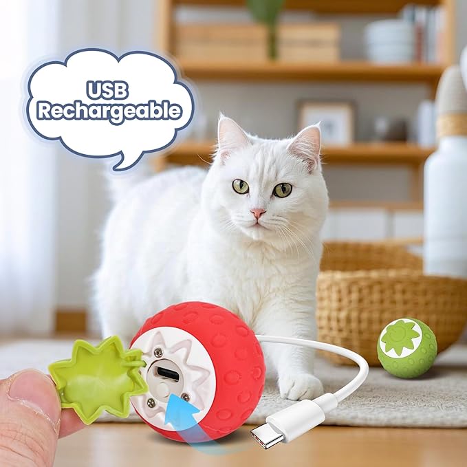 2Pcs Self-Moving Electric Cat Toy Ball with LED - Automatic Interactive Cat Toys for Indoor Cats, Smart Strawberry Design Stimulates Hunting Instincts, Boredom Relief &amp; Exercise for Solo Play