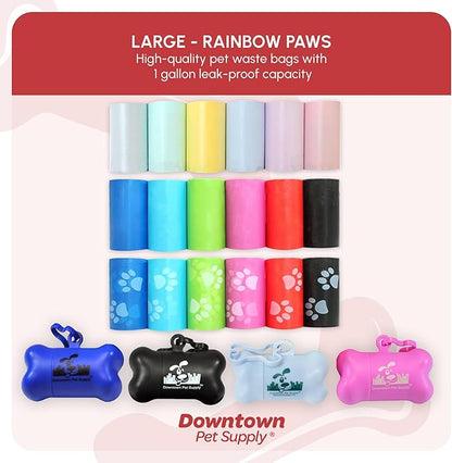 Downtown Pet Supply Rainbow Paw Print Poop Bags (520 CT &amp; 2 Dispensers) - Leak-Proof, Unscented, Clips to Dog Leashes &amp; Harnesses