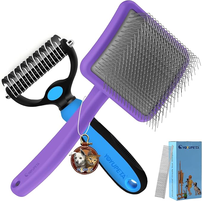 Large Slicker Brush for Dogs - 3PC Pet Grooming Kit - Undercoat Rake &amp; Stainless Comb | Long Pins Remove Mats on Poodles, Golden, Labradoodles | Thick Coat Deshedder for Dogs, Cats, Purple