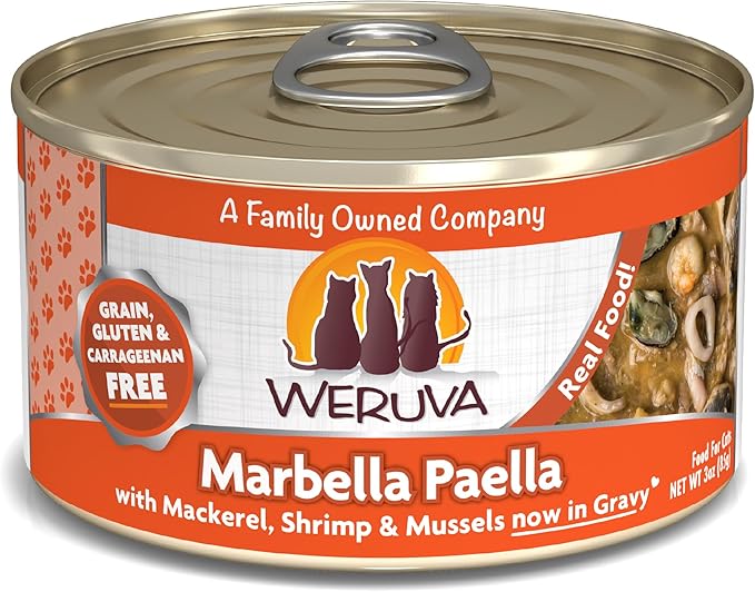 Weruva Classic Cat Food, Marbella Paella with Mackerel, Shrimp, &amp; Mussels in Gravy, 3oz Can (Pack of 24)