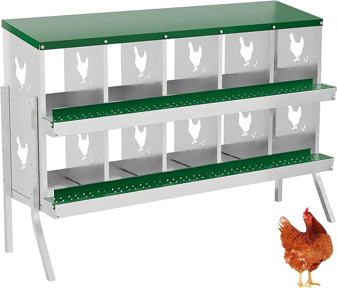 10 Hole Chicken Nesting Box with Roll Out Egg Tray, Rustproof &amp; Ventilated Chicken Laying Boxes for Hens, Chickens, Ducks | Easy-Clean Poultry Coop Accessories, Green with Stand