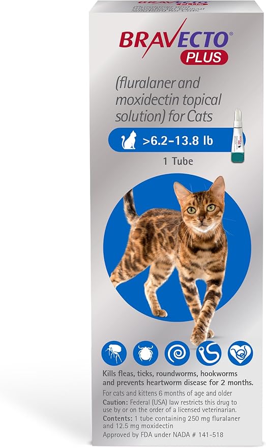 BRAVECTO PLUS Topical Solution for Cats, Flea, Tick &amp; Heartworm, 2 Months Supply, 6.2-13.8 lbs., Blue Box