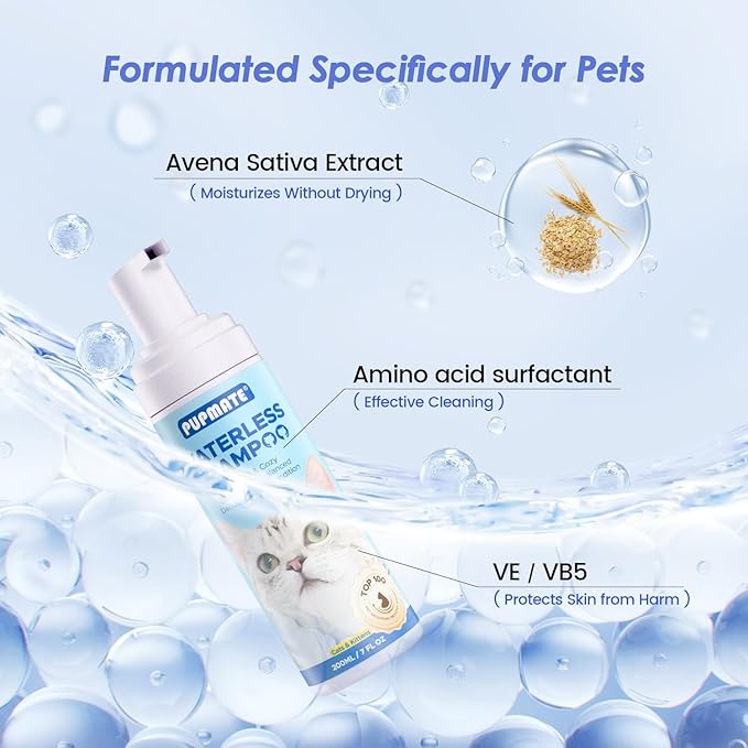Cat Waterless Shampoo with Brush - No Rinse Formula for Quick Clean Between Baths, Hypoallergenic &amp; Detangling, Reduce Itchy Skin Shedding, Vet-Recommended for Kittens/Senior Cats, Coconut Scent