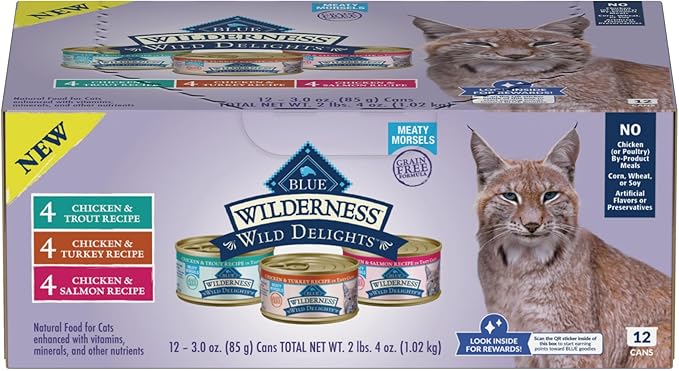 Blue Buffalo Wilderness Wild Delights High Protein Grain Free, Natural Adult Meaty Morsels Wet Cat Food, Ⲥhicken &amp; Turkey, 𝙲hicken &amp; Trout, 𝐂hicken &amp; Salmon 3-oz cans (12 count - 4 of Each Flavor)