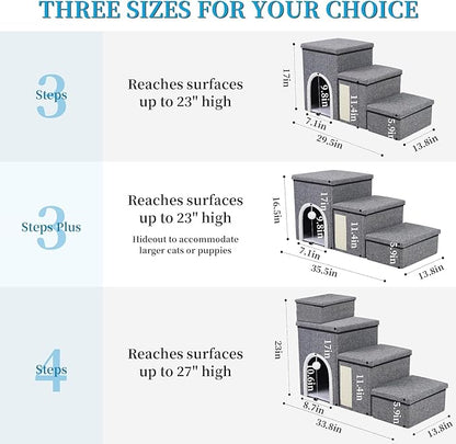 Dog Stairs for Bed and Couch 23“H, Foldable Dog Stairs for Small Older Dogs, 4 in 1 Adjustable Pet Cat Steps Ramps with Storage, Condo, Cat Scratcher, Hold Up to 180LBS, 4 Steps