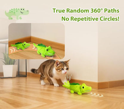 Interactive Cat Toys for Indoor Cats - Automatic Moving Cat Chase Toy for Bored Indoor Adult Cats - 360° Random Movement, Tail Wagging &amp; Catnip Stimulation - Electric Croc(Short Plush)