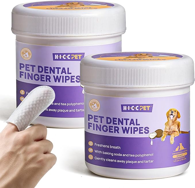 HICC PET Teeth Cleaning Wipes for Dogs &amp; Cats, Remove Bad Breath by Removing Plaque and Tartar Buildup No-Rinse Dog Finger Toothbrush, Disposable Gentle Cleaning &amp; Gum Care Pet Wipes, 100 Counts