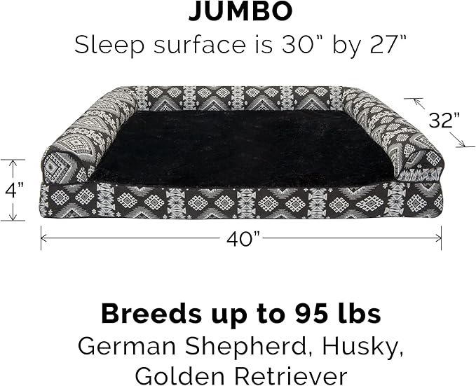 Furhaven Orthopedic Dog Bed for Large Dogs w/ Removable Bolsters &amp; Washable Cover, For Dogs Up to 95 lbs - Plush &amp; Southwest Kilim Woven Decor Sofa - Black Medallion, Jumbo/XL