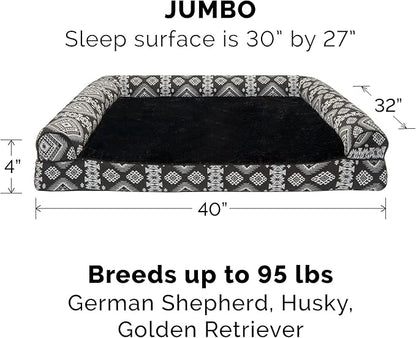 Furhaven Orthopedic Dog Bed for Large Dogs w/ Removable Bolsters &amp; Washable Cover, For Dogs Up to 95 lbs - Plush &amp; Southwest Kilim Woven Decor Sofa - Black Medallion, Jumbo/XL