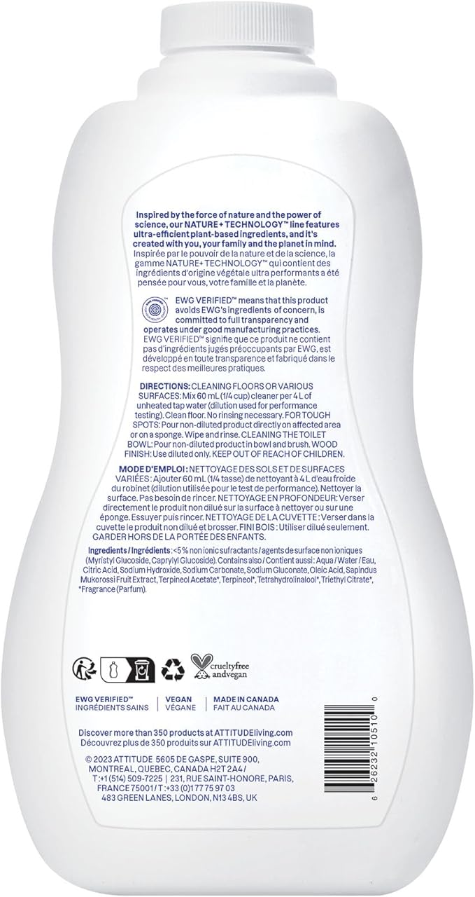 ATTITUDE Floor Cleaner, EWG Verified, Streak-Free, Vegan &amp; Plant-Based for Tile, Wood &amp; Laminate Floors, Citrus Zest Scent, 35.2 Fl Oz