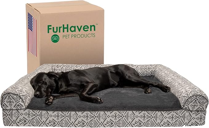 Furhaven Orthopedic Dog Bed for Large Dogs w/ Removable Bolsters &amp; Washable Cover, For Dogs Up to 125 lbs - Plush &amp; Southwest Kilim Woven Decor Sofa - Boulder Gray, Jumbo Plus/XXL