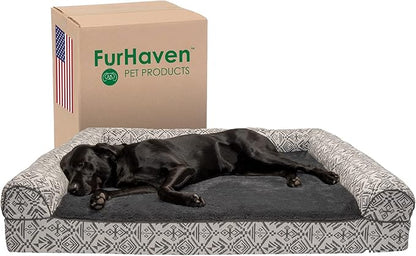 Furhaven Orthopedic Dog Bed for Large Dogs w/ Removable Bolsters &amp; Washable Cover, For Dogs Up to 125 lbs - Plush &amp; Southwest Kilim Woven Decor Sofa - Boulder Gray, Jumbo Plus/XXL