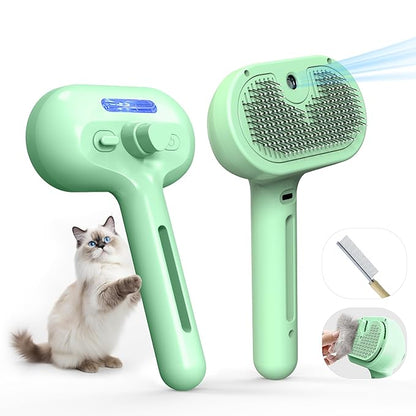 Pet Grooming Brush with Electronic Mist Spray - Gentle Deshedding Tool for Cats &amp; Dogs, Pet Steam Brush，Reduces Shedding, Soft Bristles, Promotes Healthy Coat-Comes with a hair smoothing comb-Greener