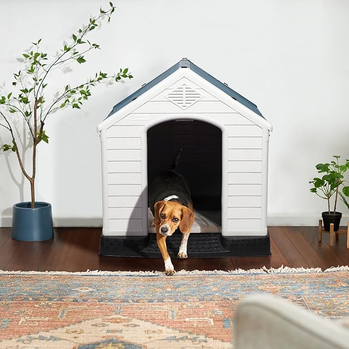 LEMBERI Durable Waterproof Plastic Dog House for Small to Large Sized Dogs, Indoor Outdoor Doghouse Insulated Puppy Shelter with Elevated Floor, Easy to Assemble (Blue, 34&