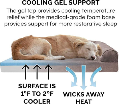 Furhaven Cooling Gel Dog Bed for Large/Medium Dogs w/ Removable Bolsters &amp; Washable Cover, For Dogs Up to 55 lbs - Faux Fur &amp; Velvet Sofa - Driftwood Brown, Large