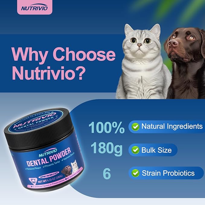 Dental Powder for Dogs &amp; Cats - 5 Strains of Probiotics with 10B CFU, Natural Ingredients for Plaque &amp; Tartar Control, Fresh Breath Oral Care,Safe for All Breeds &amp; Ages Pets - 6.35oz(180g)