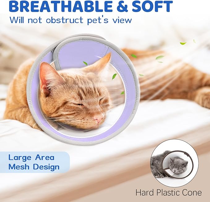 Breathable Air Mesh Cat Cone Collar Soft to Stop Licking, Adjustable, Foldable Lightweight Kitten Cones After Surgery Recovery for Cats &amp; Kittens (Light Purple, S)