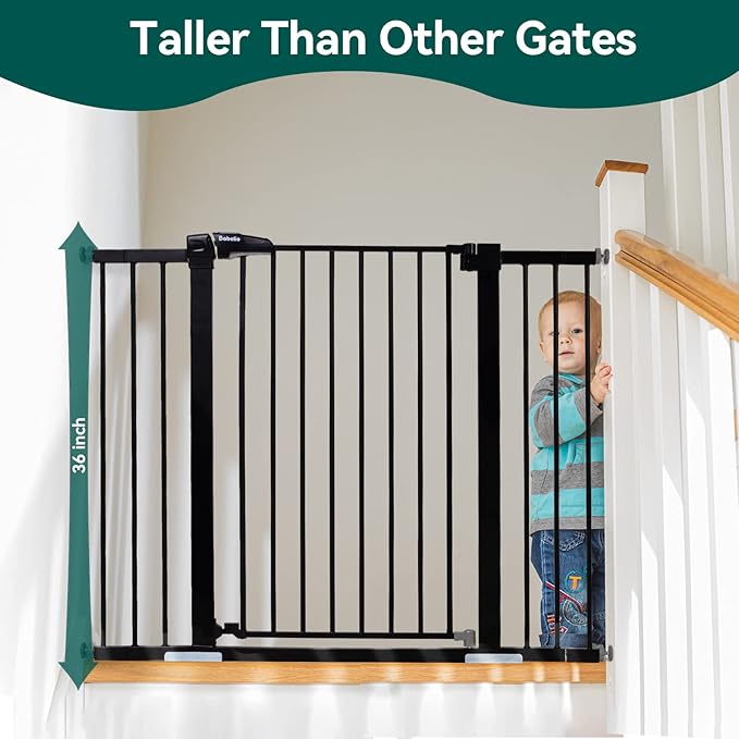 BABELIO 36" Tall Baby Gate, 29-48" Auto-Close &amp; Pressure Mounted, Black Steel Dog Gate for Stairs &amp; Doorways