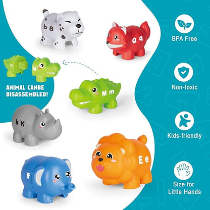 Learning Toys for 2 3 4 Year Old, 52 Pcs ABC Animal Alphabet Match Game with Uppercase Lowercase, 10 Different Animal Figures, Preschool Activities Montessori Fine Motor Toys for Toddlers Kids