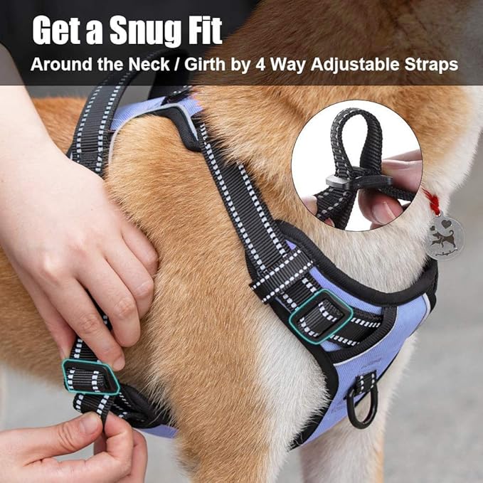 PoyPet No Pull Dog Harness, Reflective Comfortable Vest Harness with Front &amp; Back 2 Leash Attachments and Easy Control Handle Adjustable Soft Padded Pet Vest for Small to Large Dogs (Light Blue,XL)