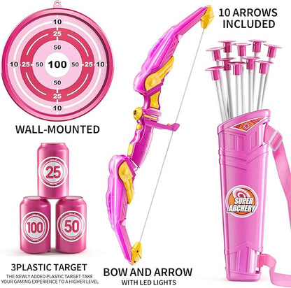 TEMI Bow and Arrow Set for Kids - Archery Toy Set - LED Light Up with Suction Cup Arrows, Target &amp; Quiver, Indoor and Outdoor Toys for Children Boys Girls
