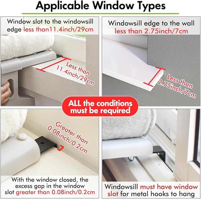 Cat Window Sill Perch with Large Bolster, Easy to Adjust &amp; Assemble Cat Window Seat for Windowsill &amp; Bedside, Pet Hammock Bed for Large Cats and Kittens (White, L)