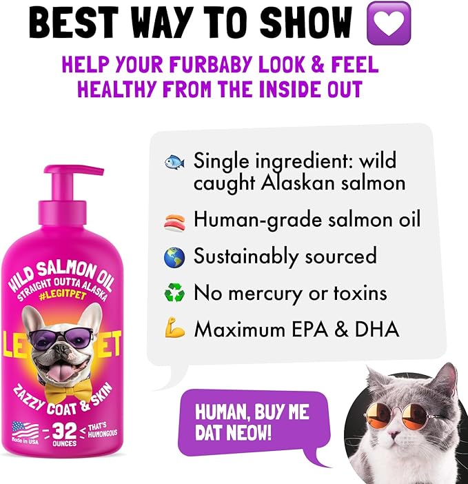 Wild Alaskan Salmon Oil for Dogs &amp; Cats - Pure Fish Omega 3 6 9 Liquid EPA DHA Fatty Acids - Skin &amp; Coat Supplement - Supports Joint Function, Brain, Eye, Immune &amp; Heart Health - Made in USA 32 oz