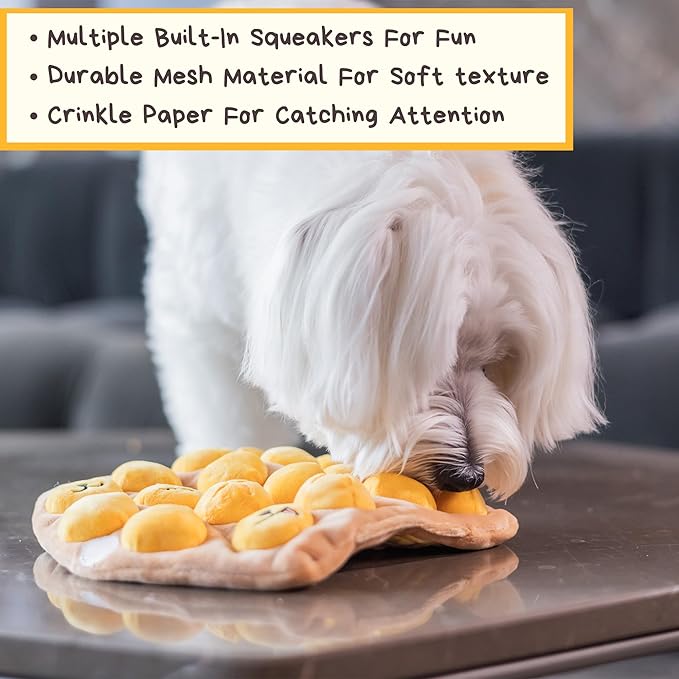 Egg Puff/Waffle 2-in-1 Nose-Work Soft Plush Squeaky Dog Toy - Durable, Cute &amp; Fun HK Gift for Interactive Bonding Time, Hide Chew Sticks &amp; Food for Puzzle Play, Small Medium Dogs