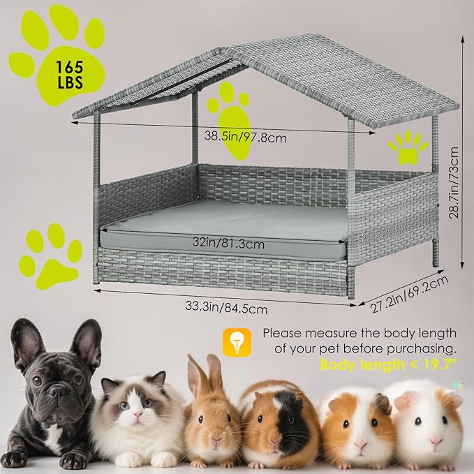 Wicker Dog House Outdoor Indoor with Canopy, Elevated Dog Shelter &amp; Dog Bed with Light Gray Cushion, Water-Resistant Raised Pet House for Small Medium Dogs, Rattan Dog Cot for Deck, Patio, Yard, Pool