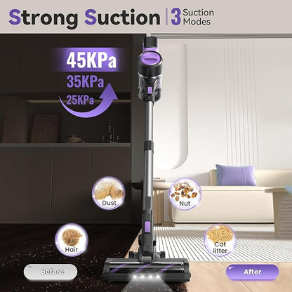 DEVOAC S10 Cordless Vacuum Cleaner, 45Kpa 50mins Lightweight Stick Vacuum with Powerful Suction for Home, Rechargeable, Self-Standing, Handheld Vacuum Cleaners for Hardwood Floors, Carpets Violet