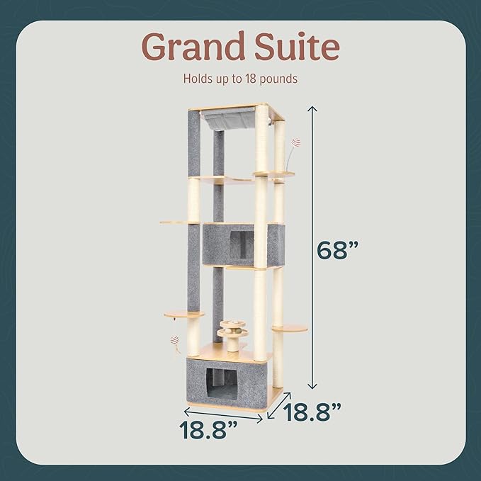 Ascentials - Grand Suite Cat Scratcher Playground - Tall Cat Tower Playground Structure, Sisal Scratching Areas, Grey Felt, Bamboo Veneer w/Linen &amp; Velvet Surface Areas