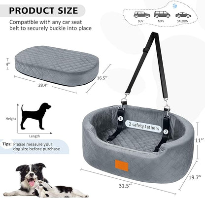 Dog Car Seat for Medium &amp; Large Dogs up to 55 lbs, Elevated Booster Seat with Anti-Slip Base, Detachable &amp; Machine-Washable Pet Car Bed for SUV/Sedan (Gray)