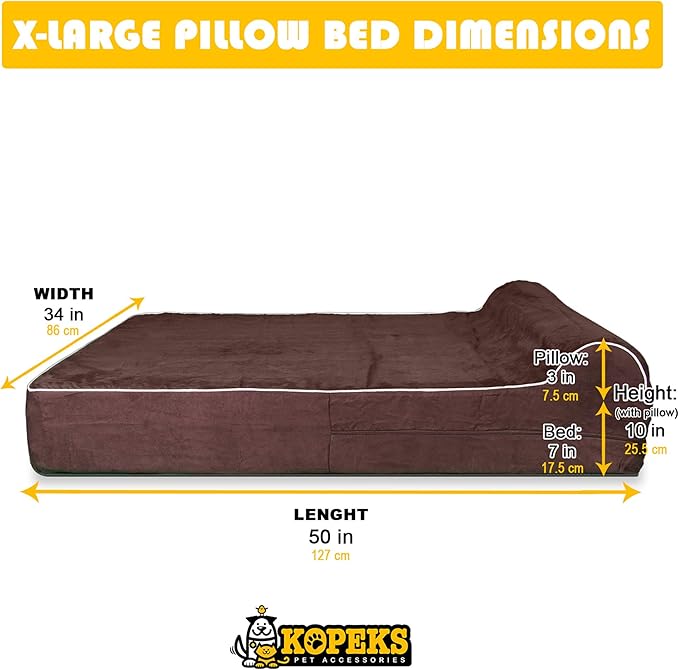 KOPEKS Orthopedic Memory Foam Dog Bed 7" Inch Thick Extra Large Dog Bed With Pillow Brown 50"x34"x10" Includes Waterproof Liner &amp; Durable Removable Cover With Smart Design