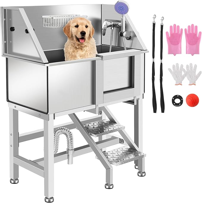Professional Stainless Steel Dog Bathing Station, Dog Grooming Tub, with Stairs, Floor Grate &amp; Faucet for Dog Bathtub for Large, Medium &amp; Small Pets,34" R-RAMP