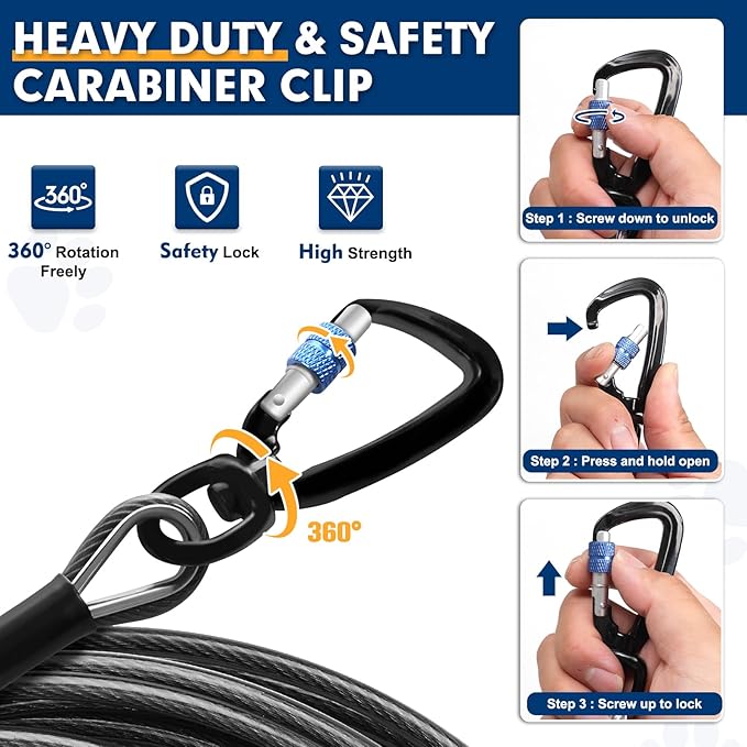 Snagle Paw Dog Leads for Yard 50FT-1000LBS Break Strength,Heavy Duty Tie Out Cable for Dogs with Swivel Lockable Hook &amp; Spring,Chew Proof Dog Chain for Outside,Dog Run Cable for Medium Large Dogs