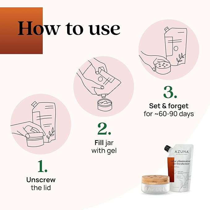 Azuna Air Freshener &amp; Odor Eliminator for Strong Odor | 1 Room Kit Includes (1) Empty Luxe Glass Jar &amp; 8oz Refill with Tea Tree Essential Oil Gel | Sandalwood | Last 60-90 Days